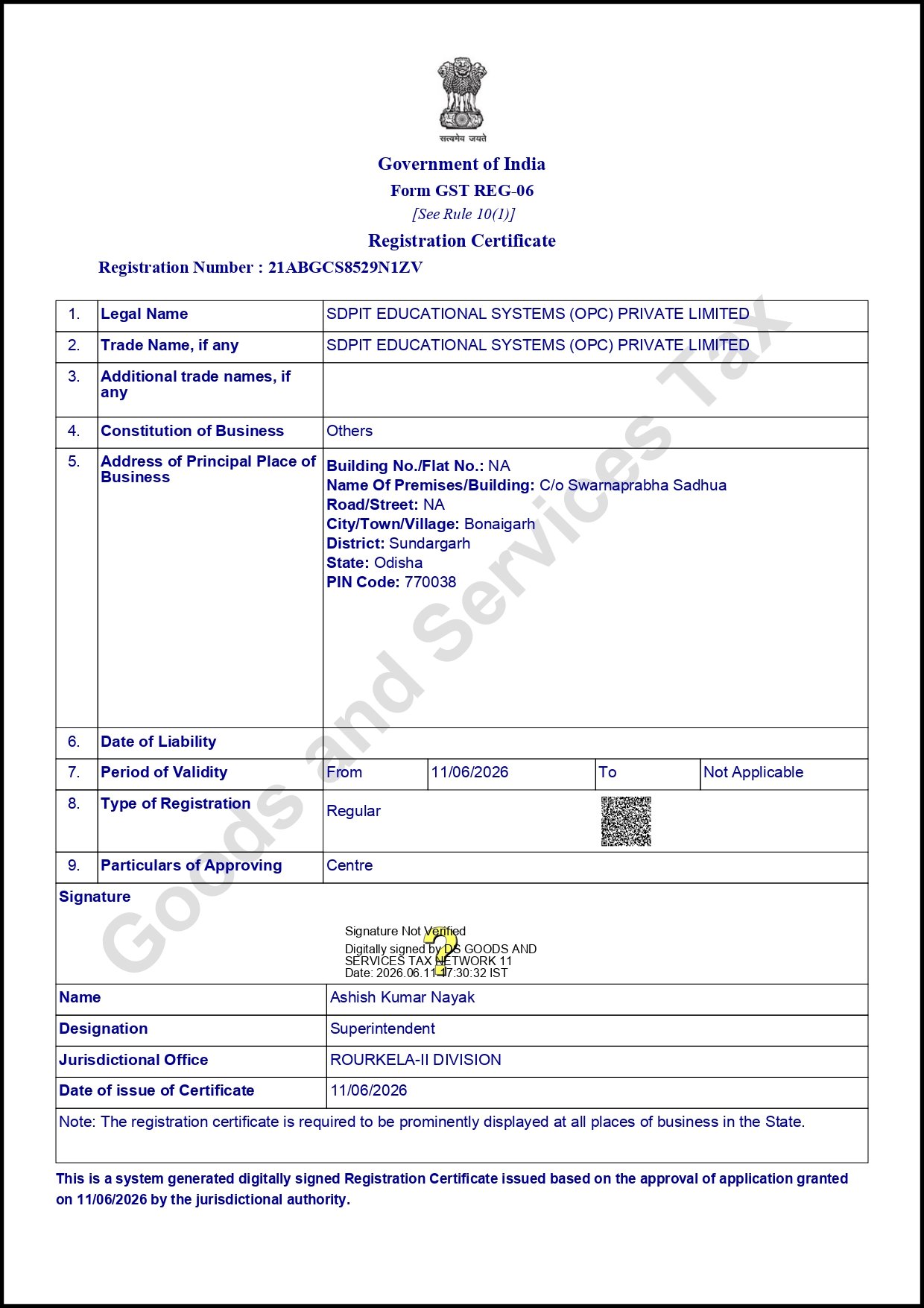 SDPIT registered with Goods and Services Tax vide Identification Number 21ABGCS8529N1ZV